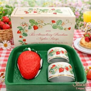 Avon Two Strawberry Porcelain Napkin Rings & One Guest Soap